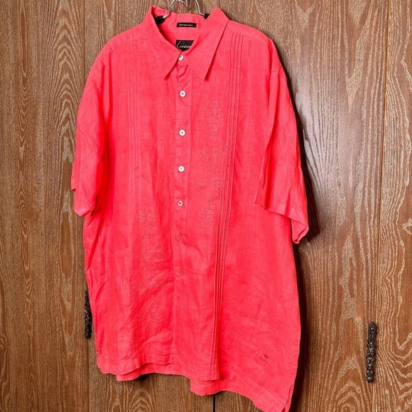 Luau 2XL Mens Coral Pink Linen Embroidered Short Sleeve Button Down Shirt Casual - Picture 2 of 7